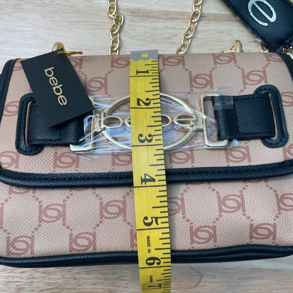 Bebe Monogram Crossbody Bag Tan‎ Black Gold Chain Strap Logo Shoulder Bag NEW